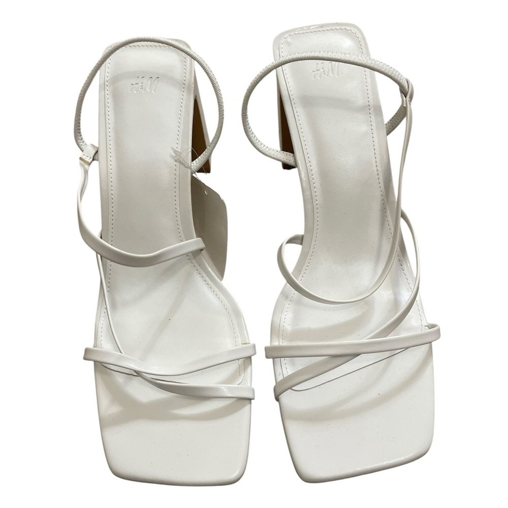 H&M Women's White Strappy Square Toe Elastic Stretch Slingback Heeled Sandals